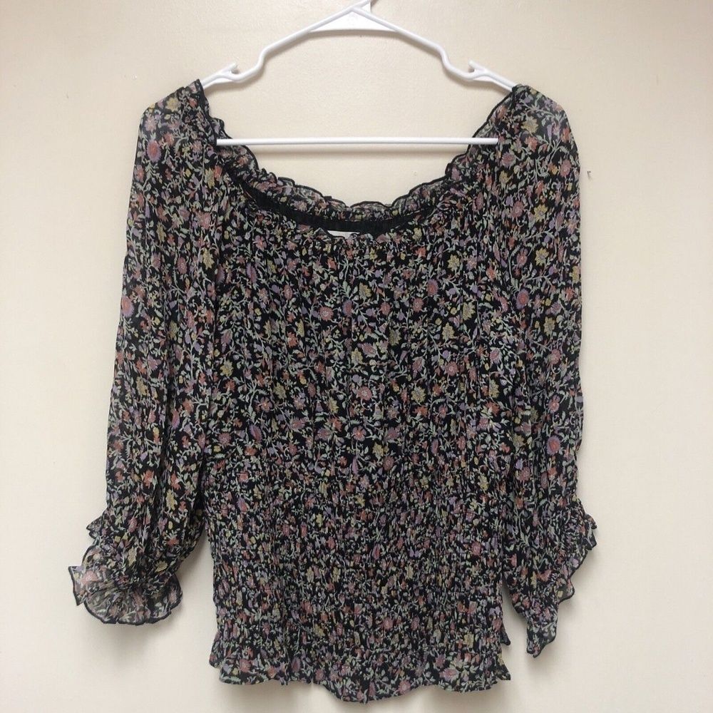 By Anthropologie Lucia Off Shoulder Floral Smocked Top Size Large Black - Picture 1 of 6